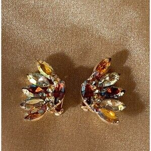 Vintage 50s Rhinestone Earrings 1950s Retro Brown Golden Glam Climber Clips Ons